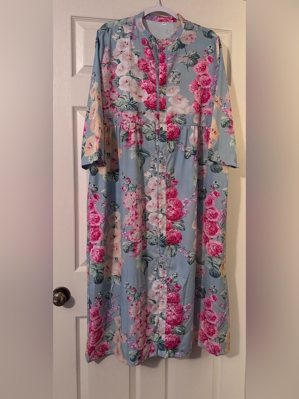 Floral Maxi Dress in Light Blue with Pink Blooms